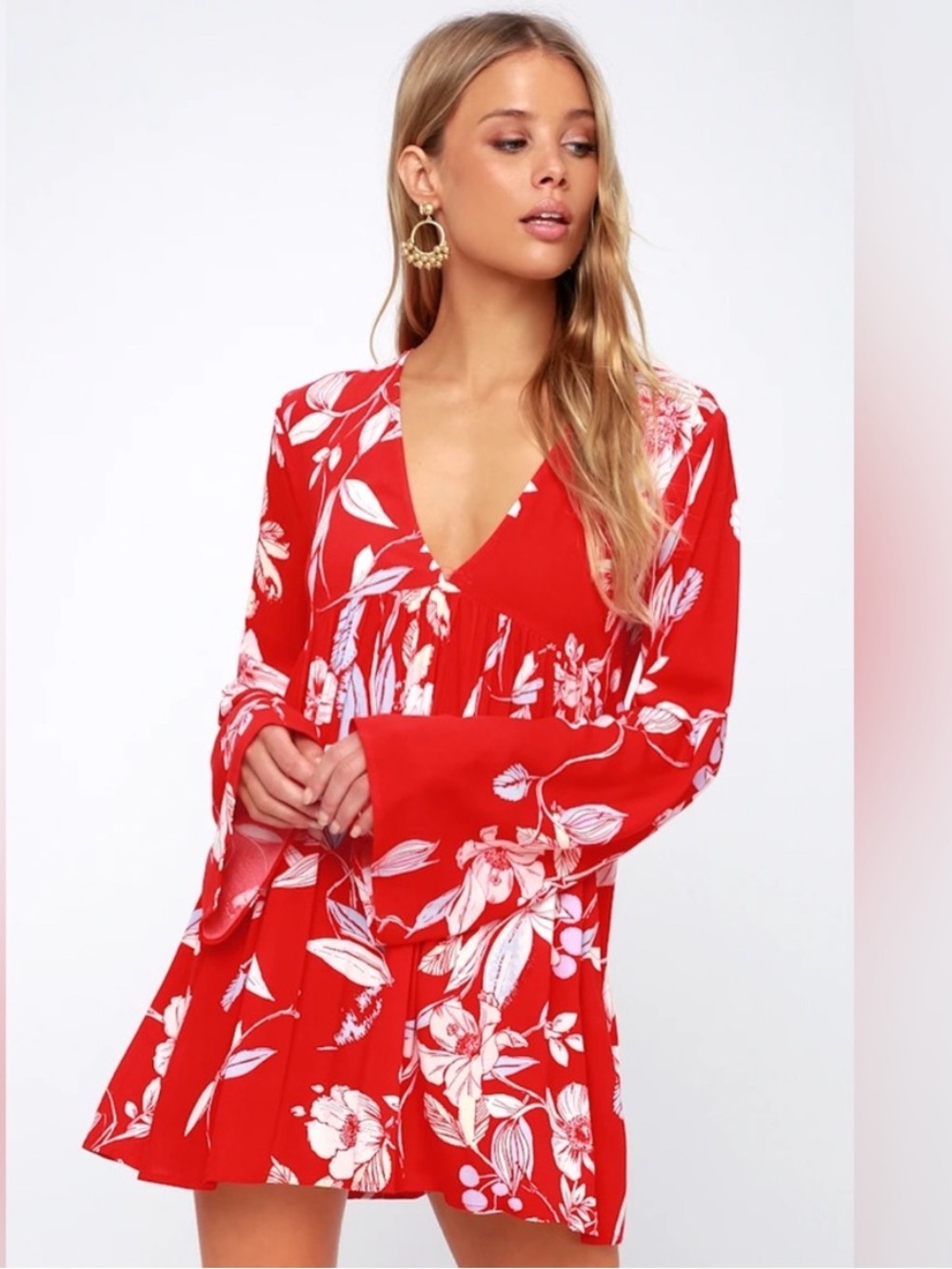 ⚜️ Free People Red Floral Boho Tunic Dress
